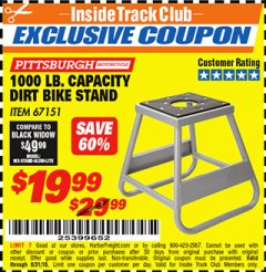 Harbor Freight ITC Coupon 1000 LB. CAPACITY DIRT BIKE STAND Lot No. 67151 Expired: 8/31/18 - $19.99