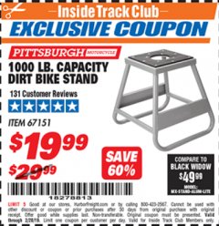 Harbor Freight ITC Coupon 1000 LB. CAPACITY DIRT BIKE STAND Lot No. 67151 Expired: 2/28/19 - $19.99