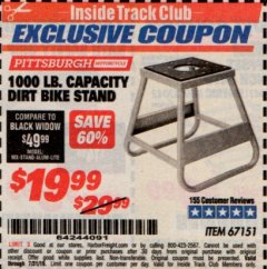 Harbor Freight ITC Coupon 1000 LB. CAPACITY DIRT BIKE STAND Lot No. 67151 Expired: 7/31/19 - $19.99