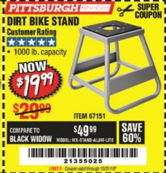 Harbor Freight Coupon 1000 LB. CAPACITY DIRT BIKE STAND Lot No. 67151 Expired: 10/21/19 - $19.99