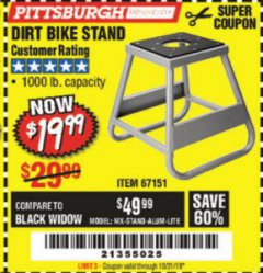 Harbor Freight Coupon 1000 LB. CAPACITY DIRT BIKE STAND Lot No. 67151 Expired: 9/21/19 - $19.99