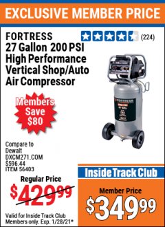 Harbor Freight ITC Coupon FORTRESS 27 GALLON OIL-FREE PROFESSIONAL AIR COMPRESSOR Lot No. 56403 Expired: 1/28/21 - $349.99