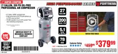 Harbor Freight Coupon FORTRESS 27 GALLON OIL-FREE PROFESSIONAL AIR COMPRESSOR Lot No. 56403 Expired: 3/2/20 - $379.99