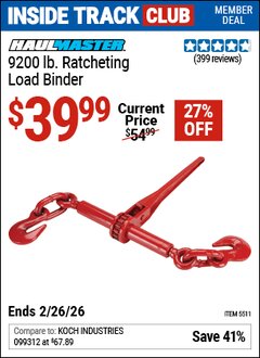 Harbor Freight Coupon HAUL-MASTER 9200 LB. RATCHETING LOAD BINDER Lot No. 5511 Valid: 12/31/69 - 2/26/26 - $39.99