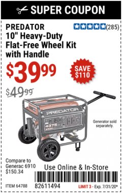 Harbor Freight Coupon 10" HEAVY DUTY FLAT-FREE WHEEL KIT Lot No. 64788 Expired: 7/31/20 - $39.99