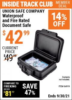 Harbor Freight ITC Coupon FIRE RATED AND WATERPROOF DOCUMENT SAFE Lot No. 64919 Expired: 9/30/21 - $42.99