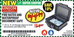 Harbor Freight Coupon FIRE RATED AND WATERPROOF DOCUMENT SAFE Lot No. 64919 Expired: 11/2/19 - $44.99