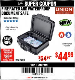 Harbor Freight Coupon FIRE RATED AND WATERPROOF DOCUMENT SAFE Lot No. 64919 Expired: 10/27/19 - $44.99