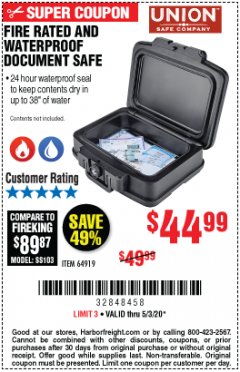 Harbor Freight Coupon FIRE RATED AND WATERPROOF DOCUMENT SAFE Lot No. 64919 Expired: 6/30/20 - $44.99