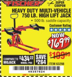 Harbor Freight Coupon 750 LB. HIGH LIFT JACK Lot No. 63298 Expired: 8/2/19 - $169.99