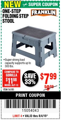 Harbor Freight Coupon FRANKLIN ONE-STEP FOLDING STEP STOOL Lot No. 56185 Expired: 8/4/19 - $7.99