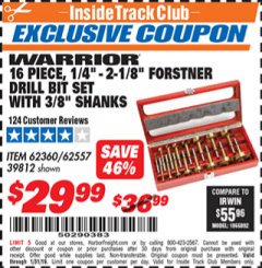 Harbor Freight ITC Coupon 16 PIECE FORSTNER BIT SET Lot No. 62360/39812 Expired: 1/31/19 - $29.99