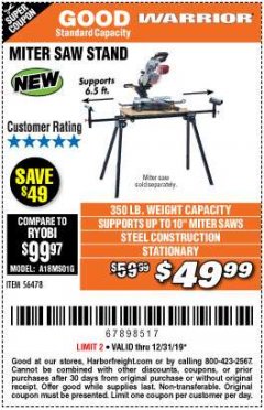 Harbor Freight Coupon WARRIOR UNIVERSAL FOLDING MITER SAW STAND Lot No. 56478 Expired: 12/31/19 - $49.99