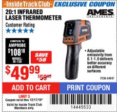 Harbor Freight ITC Coupon 20:1 INFRARED LASER THERMOMETER Lot No. 64847 Expired: 12/17/19 - $49.99