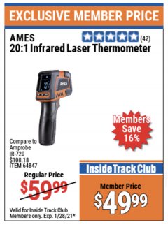 Harbor Freight ITC Coupon 20:1 INFRARED LASER THERMOMETER Lot No. 64847 Expired: 1/28/21 - $49.99