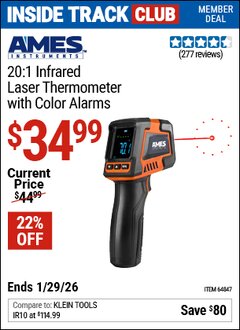 Harbor Freight ITC Coupon AMES INSTRUMENTS 20:1 INFRARED LASER THERMOMETER WITH COLOR ALARMS Lot No. 64847 Valid Thru: 1/29/26 - $34.99