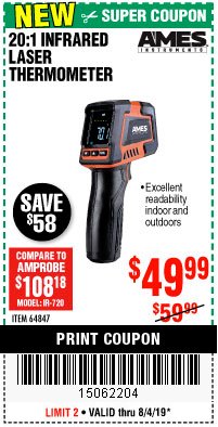 Harbor Freight Coupon 20:1 INFRARED LASER THERMOMETER Lot No. 64847 Expired: 8/4/19 - $49.99