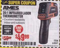 Harbor Freight Coupon 20:1 INFRARED LASER THERMOMETER Lot No. 64847 Expired: 8/31/19 - $49.99