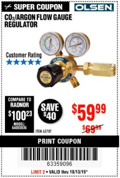 Harbor Freight Coupon CO2/ARGON FLOW GAUGE REGULATOR Lot No. 63787 Expired: 10/13/19 - $59.99