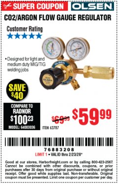 Harbor Freight Coupon CO2/ARGON FLOW GAUGE REGULATOR Lot No. 63787 Expired: 2/23/20 - $59.99