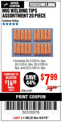 Harbor Freight Coupon MIG WELDING TIPS ASSORTMENT 20 PIECE Lot No. 65435 Expired: 8/4/19 - $7.99