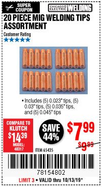 Harbor Freight Coupon MIG WELDING TIPS ASSORTMENT 20 PIECE Lot No. 65435 Expired: 10/31/19 - $7.99