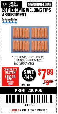 Harbor Freight Coupon MIG WELDING TIPS ASSORTMENT 20 PIECE Lot No. 65435 Expired: 10/31/19 - $7.99