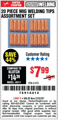 Harbor Freight Coupon MIG WELDING TIPS ASSORTMENT 20 PIECE Lot No. 65435 Expired: 2/23/20 - $7.99