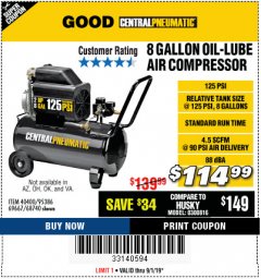 Harbor Freight Coupon 8 GALLON OIL-LUBE AIR COMPRESSOR Lot No. 40400/95386/69667/68740 Expired: 9/1/19 - $114.99
