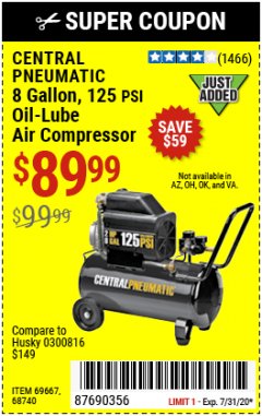 Harbor Freight Coupon 8 GALLON OIL-LUBE AIR COMPRESSOR Lot No. 40400/95386/69667/68740 Expired: 7/31/20 - $89.99