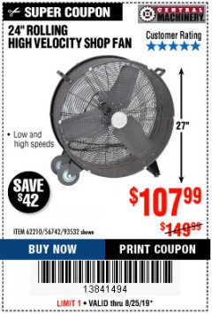 Harbor Freight Coupon 24" HIGH VELOCITY SHOP FAN Lot No. 62210/56742/93532 Expired: 11/30/19 - $107.99