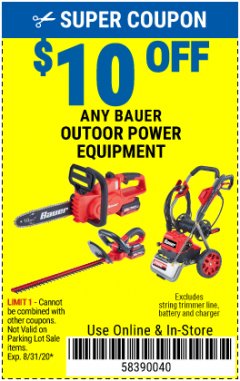 Harbor Freight PERCENT Coupon BAUER 20V CORDLESS POLE SAW Lot No. 64996 Expired: 8/31/20 - $0