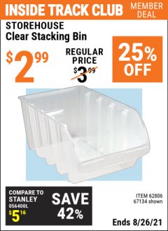 Harbor Freight ITC Coupon 13"X 8" CLEAR STACKING BIN Lot No. 62806/67134 Expired: 8/26/21 - $2.99