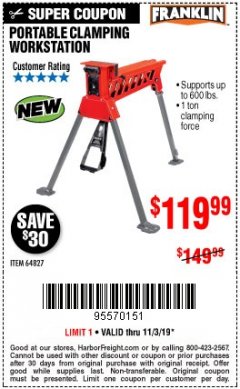 Harbor Freight Coupon FRANKLIN PORTABLE CLAMPING WORKSTATION Lot No. 64827 Expired: 11/3/19 - $119.99