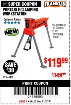 Harbor Freight Coupon FRANKLIN PORTABLE CLAMPING WORKSTATION Lot No. 64827 Expired: 11/3/19 - $119.99