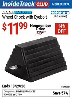Harbor Freight ITC Coupon HAUL-MASTER WHEEL CHOCK WITH EYEBOLT Lot No. 69828 Valid Thru: 10/29/26 - $11.99