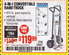 Harbor Freight Coupon FRANKLIN 4-IN-1 CONVERTIBLE HAND TRUCK Lot No. 70027 Expired: 10/31/19 - $119.99