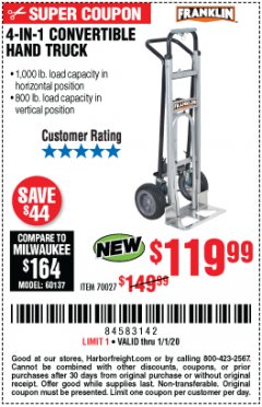 Harbor Freight Coupon FRANKLIN 4-IN-1 CONVERTIBLE HAND TRUCK Lot No. 70027 Expired: 1/1/20 - $119.99