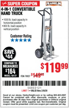 Harbor Freight Coupon FRANKLIN 4-IN-1 CONVERTIBLE HAND TRUCK Lot No. 70027 Expired: 2/9/20 - $119.99