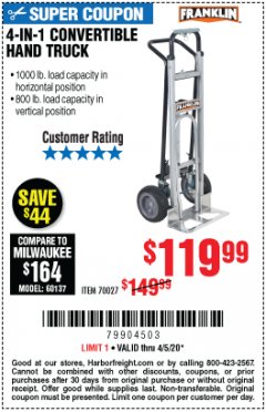 Harbor Freight Coupon FRANKLIN 4-IN-1 CONVERTIBLE HAND TRUCK Lot No. 70027 Expired: 6/30/20 - $119.99
