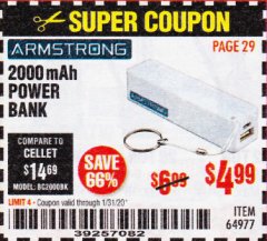 Harbor Freight Coupon 2000 MAH POWER BANK Lot No. 64977 Expired: 1/31/20 - $4.99