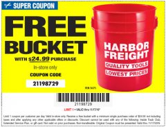 Harbor Freight FREE Coupon HARBOR FREIGHT TOOLS BUCKET Lot No. 56575 Expired: 11/17/19 - FWP