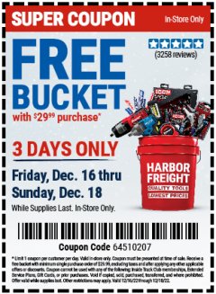 Harbor Freight FREE Coupon HARBOR FREIGHT TOOLS BUCKET Lot No. 56575 Expired: 12/18/22 - FWP