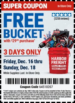 Harbor Freight FREE Coupon HARBOR FREIGHT TOOLS BUCKET Lot No. 56575 Expired: 12/18/22 - FWP