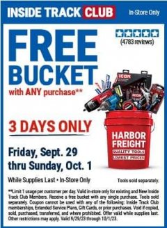 Harbor Freight FREE Coupon HARBOR FREIGHT TOOLS BUCKET Lot No. 56575 Expired: 10/1/23 - FWP