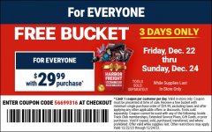 Harbor Freight FREE Coupon HARBOR FREIGHT TOOLS BUCKET Lot No. 56575 Expired: 12/24/23 - FWP