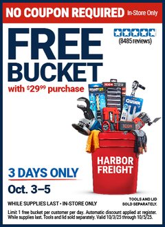 Harbor Freight FREE Coupon HARBOR FREIGHT TOOLS BUCKET Lot No. 56575 Expired: 10/5/25 - FWP
