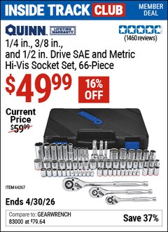 Harbor Freight Coupon QUINN 1/4 IN., 3/8 IN., AND 1/2 IN. DRIVE SAE AND METRIC HI-VIS SOCKET SET, 66-PIECE Lot No. 64267 Valid: 12/31/69 - 4/30/26 - $49.99