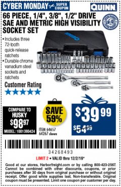 Harbor Freight Coupon QUINN 1/4 IN., 3/8 IN., AND 1/2 IN. DRIVE SAE AND METRIC HI-VIS SOCKET SET, 66-PIECE Lot No. 64267 Expired: 12/2/19 - $39.99