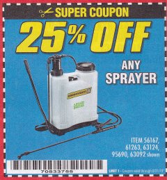 Harbor Freight Coupon 25PCT OFF ANY SPRAYER Lot No. 61263/63124/95690/63092 Expired: 8/31/19 - $0